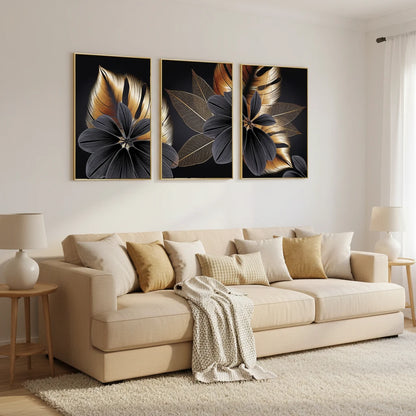 Golden Leaf Triptych Canvas Wall Art